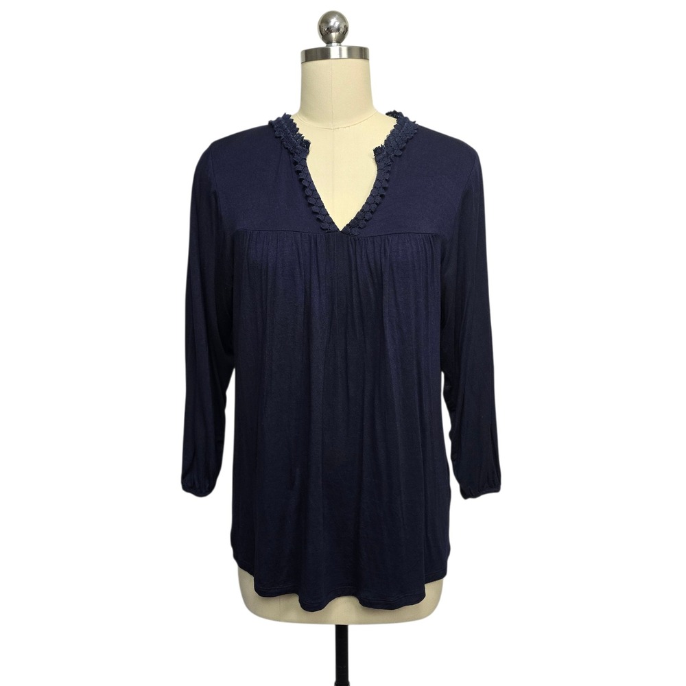 Boden Navy‎ Blue Lace Trim V Neck 3/4 Sleeve Casual Blouse Top Womens Size 8